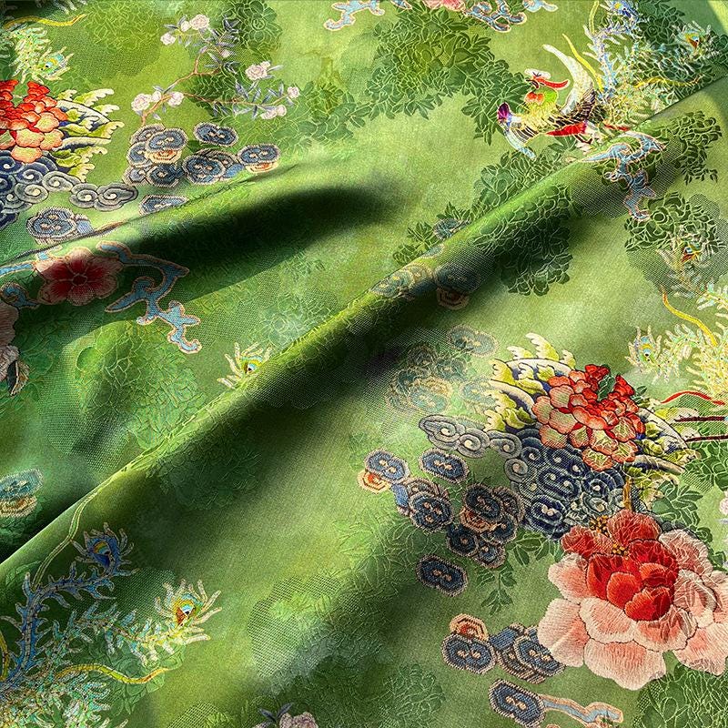 Rayon Silk Jacquard Xiangyun Fabric ��� Handmade Bisha Cuiyu Traditional Chinese Textile for Dress, Qipao, Craft, Sewi"W