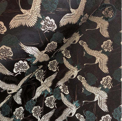 Crane Brocade Fabric: Colorful Asian Decor Fabric by the Meter