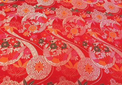 Chinese Silk Brocade Fabric: Crane Pattern, Red Jacquard (59" Wide)