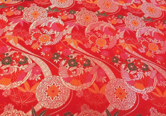 Chinese Silk Brocade Fabric: Crane Pattern, Red Jacquard (59" Wide)