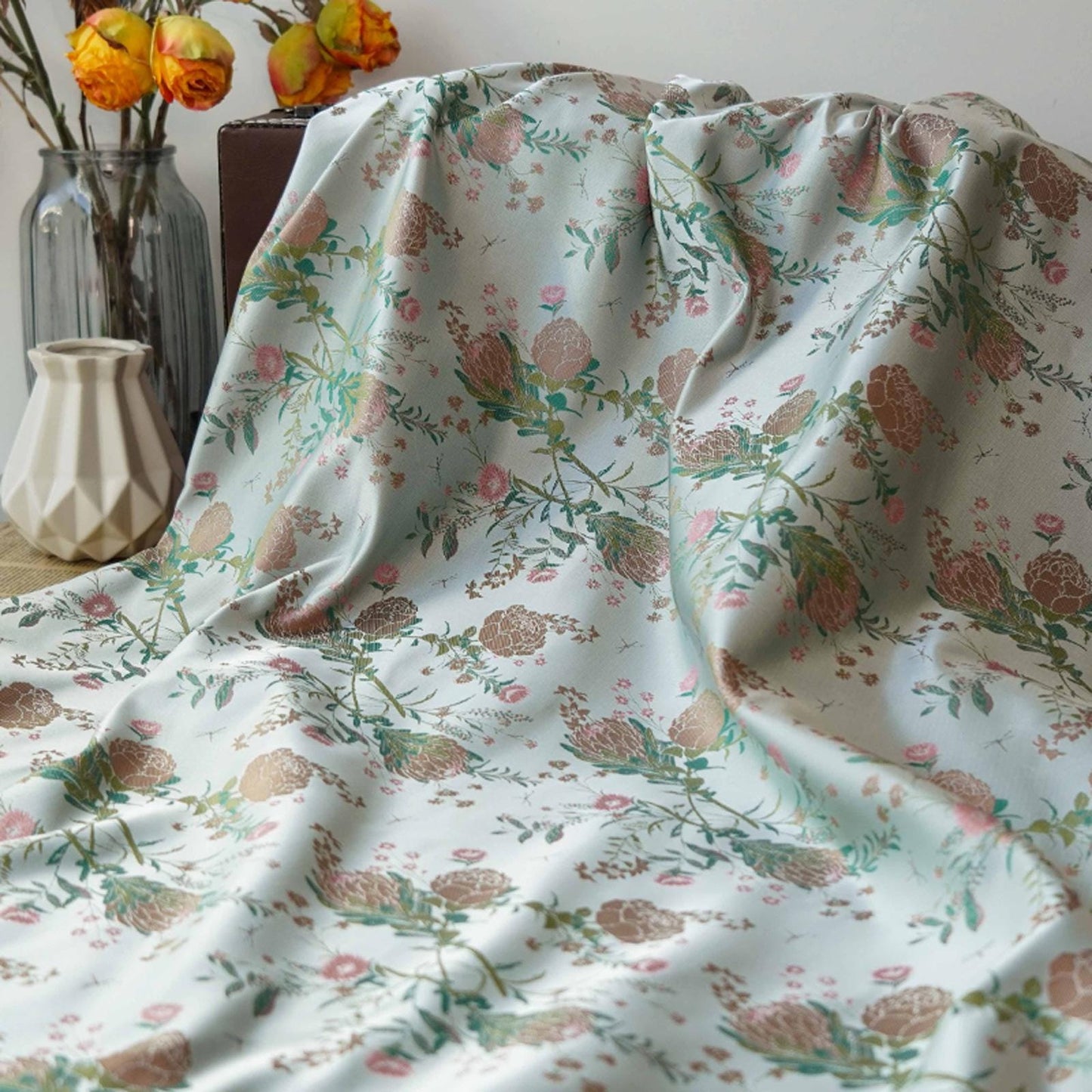 Floral Brocade Jacquard Fabric: Retro Palace Style Gold Thread (By The Meter)