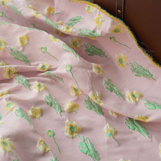 Pink Floral Jacquard Fabric: Reversible 3D Embossed Woven Material