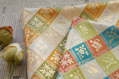 Jacquard Hanfu Fabric: Gold Weaving Ethnic Paddy Field Pattern, 59"W