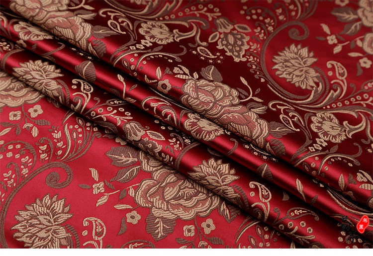 Peony Flower Brocade Fabric: 29.5"W Rayon Nylon Blend, Upholstery & Sewing By The Meter