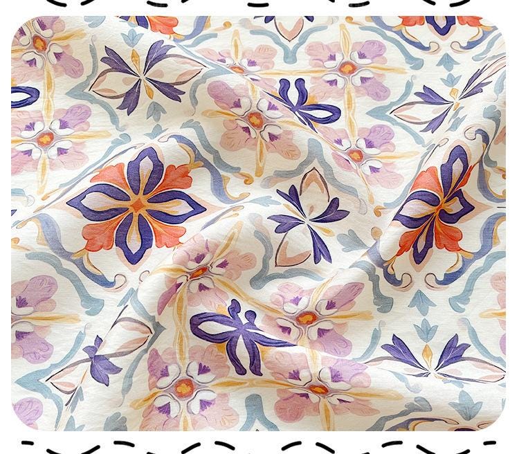 Tissu Tencel Ramie : imprimé floral Dunhuang, 150 cm de large, vendu au mètre