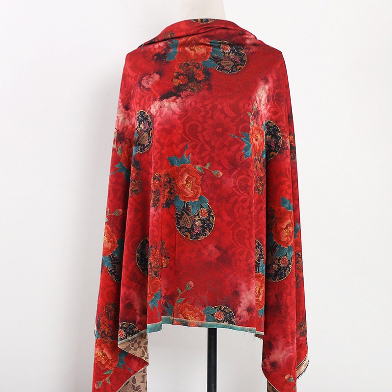 Red Floral Print Fabric: Polyester Spandex Blend, 59" Wide