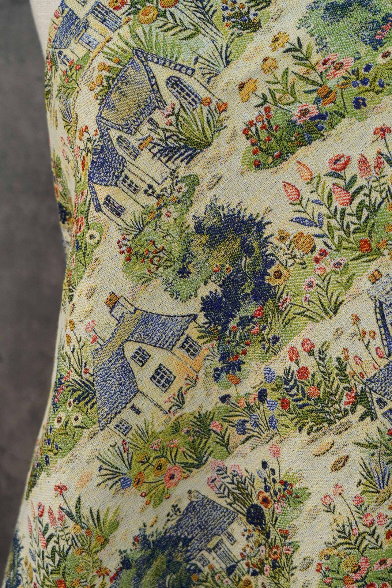 Pastoral Oil Painting Style Jacquard Fabric, Countryside Houses & Floral Weave, 56"Wide