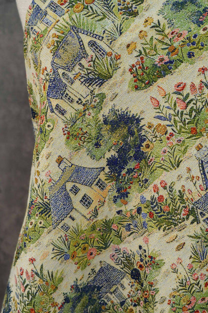 Pastoral Oil Painting Style Jacquard Fabric, Countryside Houses & Floral Weave, 56"Wide