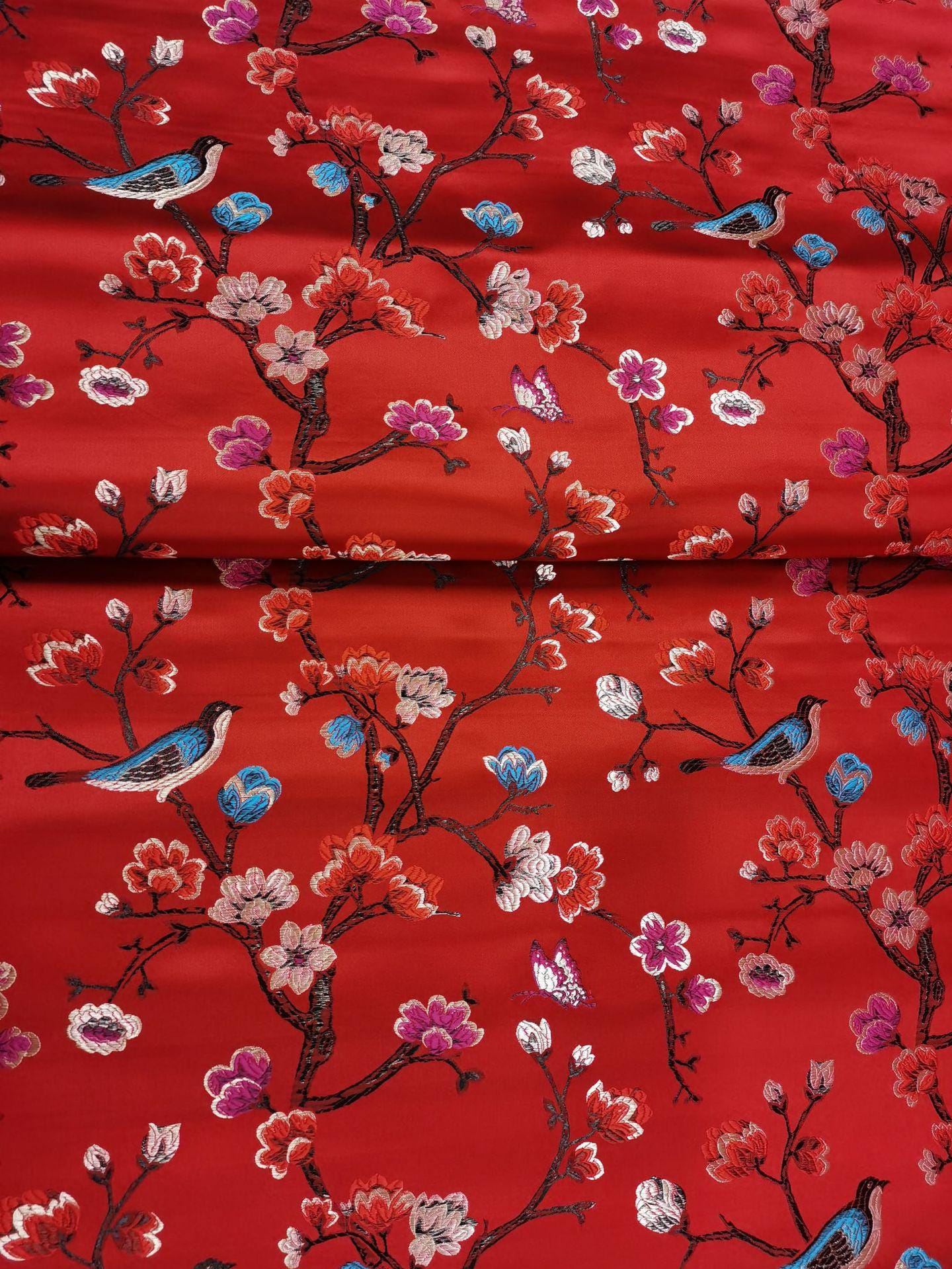 Red Silk Brocade Fabric: Bird & Branch Print, 59" Wide