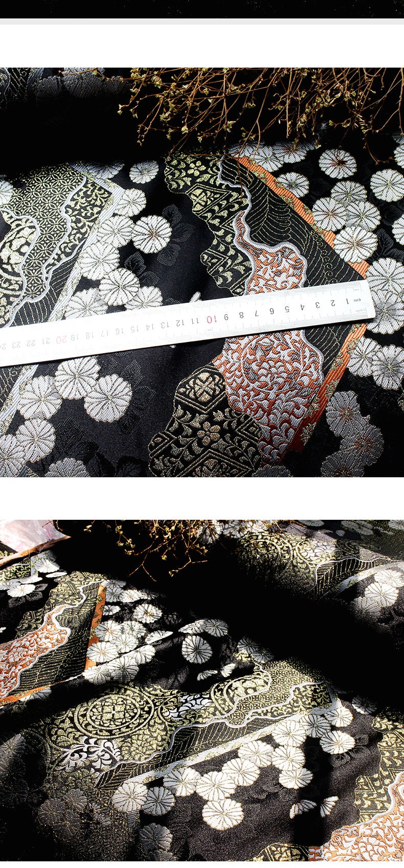 Tissu brocart doré tissé Nishijin : Soie jacquard chrysanthème (29,5"/59"L)
