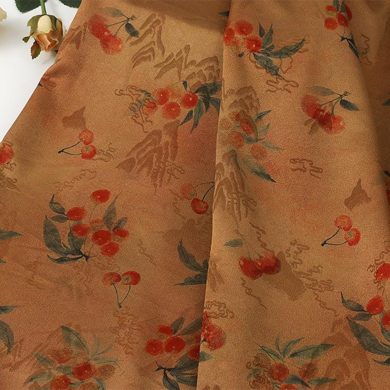 Thousand Miles Rivers Mountains Tea Silk Satin Fabric: 59"W Upholstery, Costume, Drapery