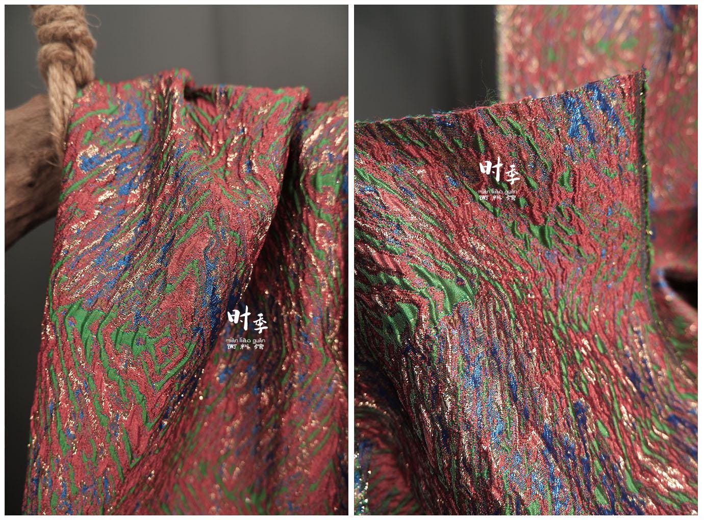 Gold Thread Jacquard Fabric: Red Blue 3D Designer Fabric (55"W By 1 Meter)