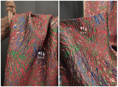 Gold Thread Jacquard Fabric: Red Blue 3D Designer Fabric (55"W By 1 Meter)
