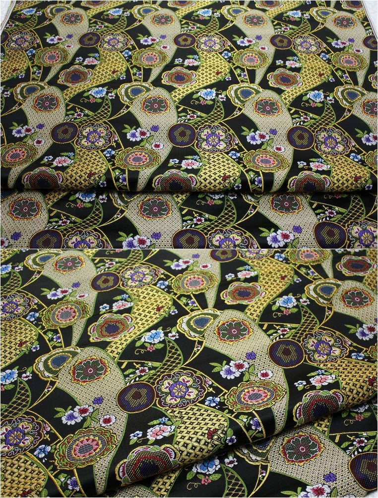 Nishijin Japanese Floral Jacquard Brocade Fabric: Black and Red Silk Rayon Blend (29.5" Width)