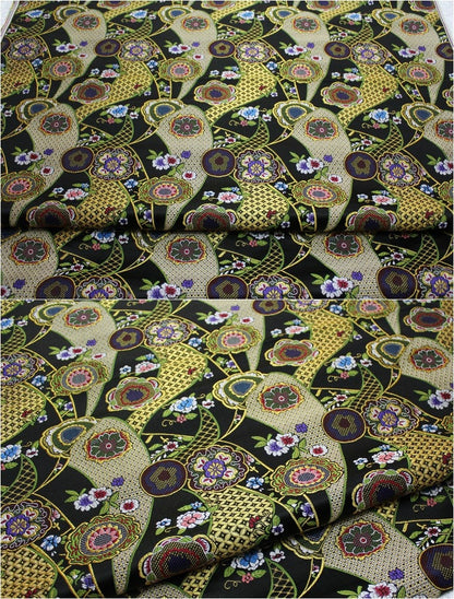 Nishijin Japanese Floral Jacquard Brocade Fabric: Black and Red Silk Rayon Blend (29.5" Width)