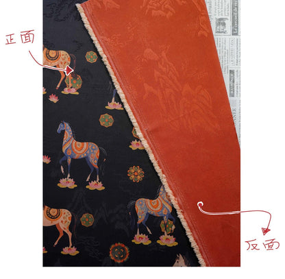 Horse Jacquard Tea Silk Fabric, Chinese Symbolic Textile, 59"W