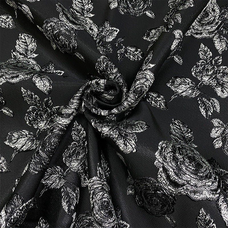 Black Jacquard Fabric: Embossed Peony Flower Design, 55" Wide