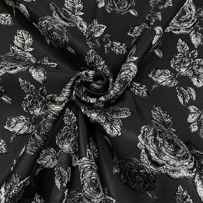Black Jacquard Fabric: Embossed Peony Flower Design, 55" Wide