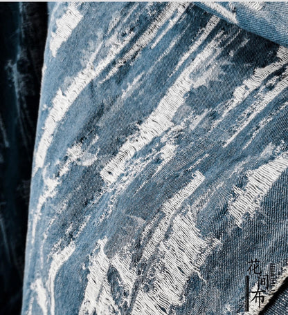 Blue Distressed Denim Jacquard Fabric: Washed Textured Design, 55"W