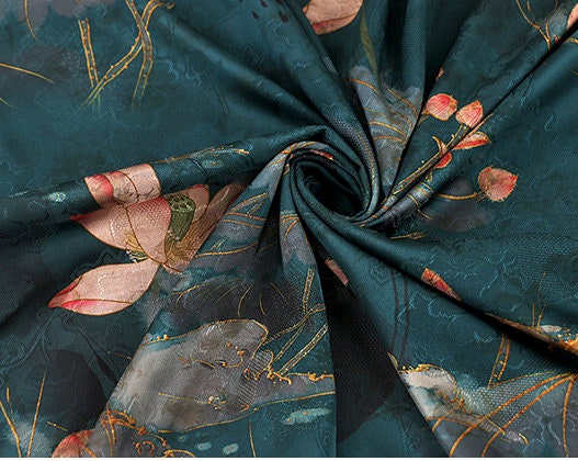 Emerald Satin Fabric: Floral Print, 59" Wide, Sewing & Upholstery