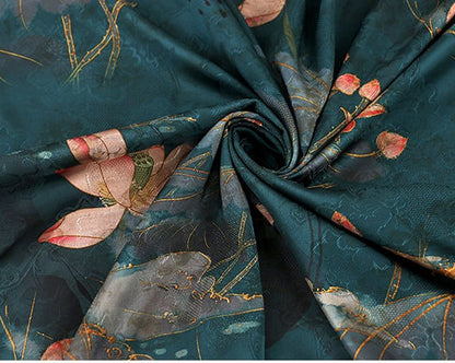 Emerald Satin Fabric: Floral Print, 59" Wide, Sewing & Upholstery