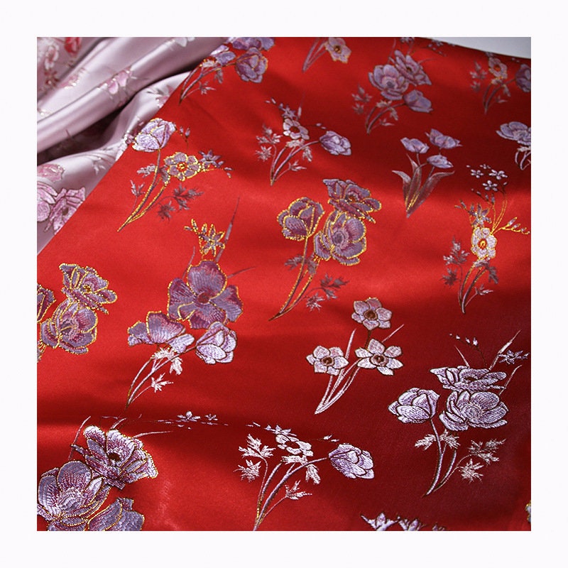 Floral Jacquard Silk Brocade Fabric - Pink Flower Damask (57"W)