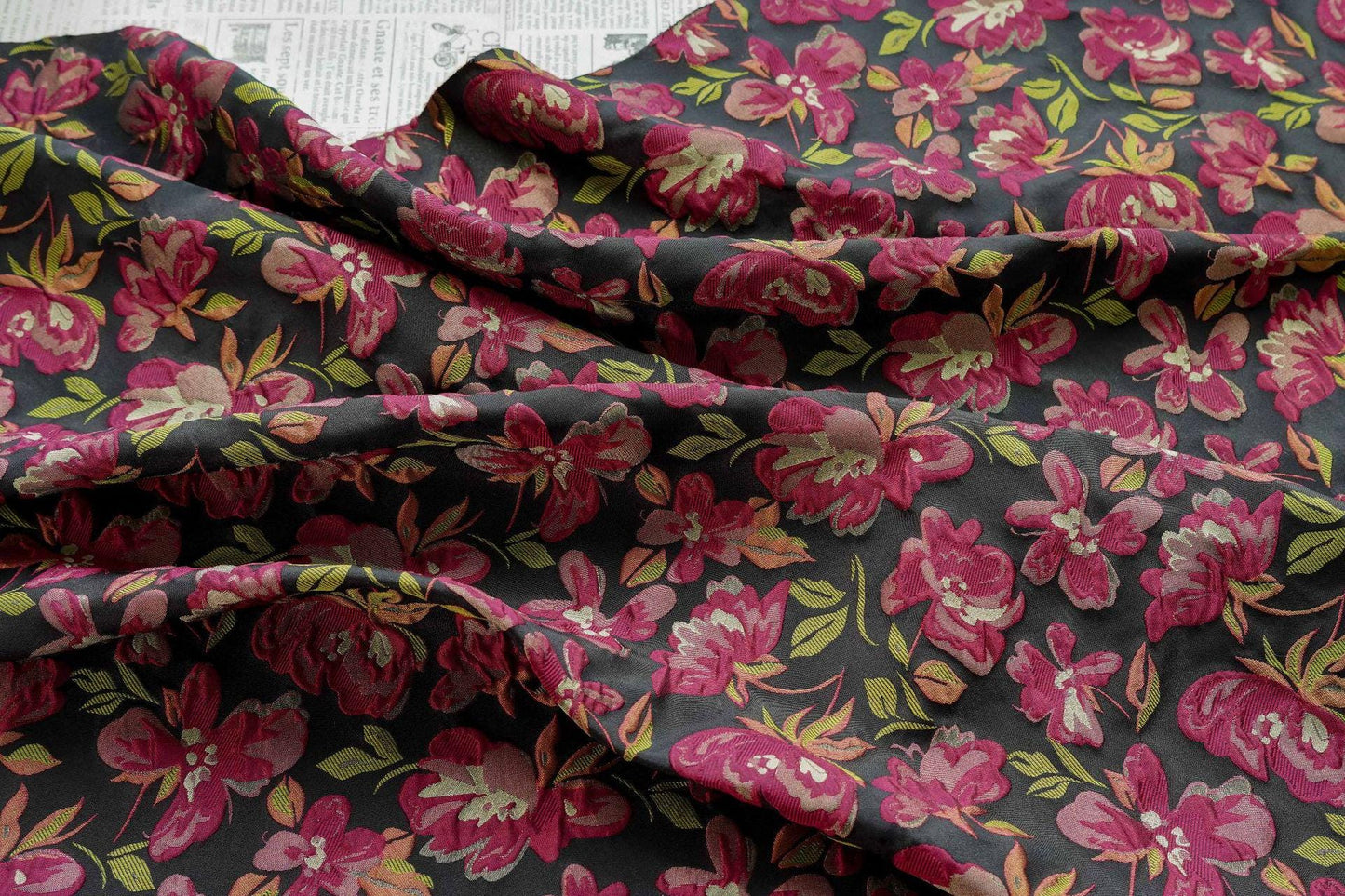 Embossed Floral Jacquard Fabric ��� Black & Pi" Wide