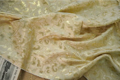 Gold Ginkgo Jacquard Fabric: Beige Costume Dress Satin (59"W)