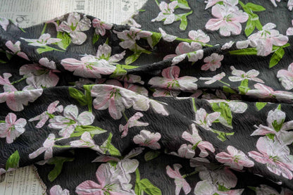 Black Embossed Floral Jacquard Fabric: Pink Flower Brocade, 55" Wide