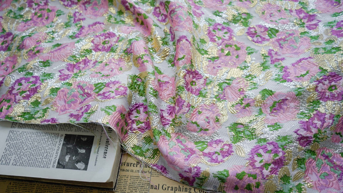 Gold Thread Woven Jacquard Fabric: 3D Embossed Floral, 59"W