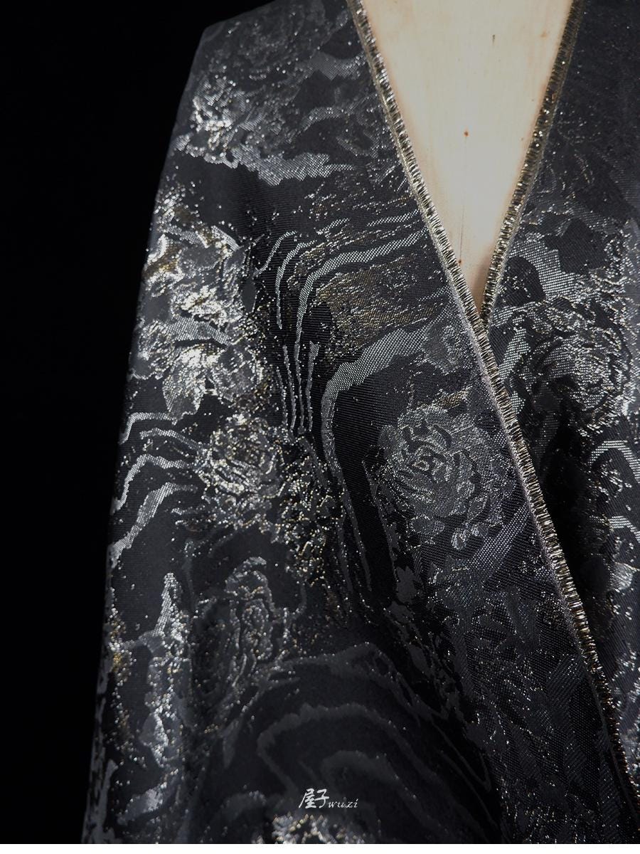 Gold & Silver Rose Polyester Fabric: Shiny Designer Material, 45"W