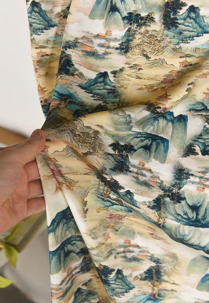 Tissu en coton à motif de peinture à l'encre de Chine : paysage ancien, 140 cm de large
