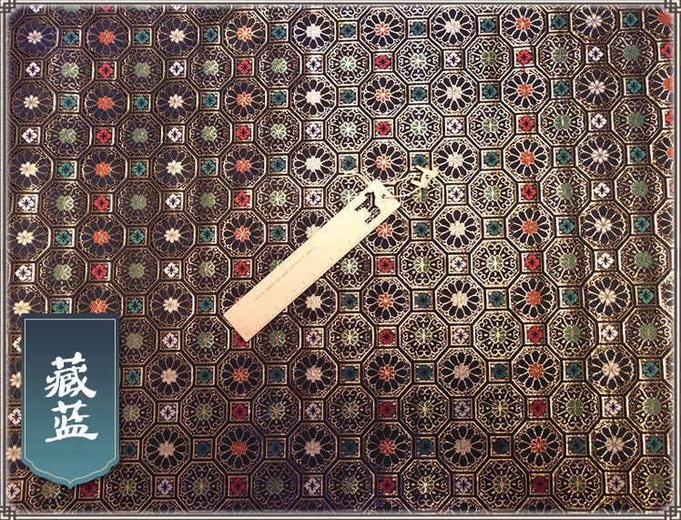 Dark Navy Brocade Fabric: Octagonal Copper Lattice, Silk Rayon Blend