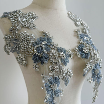 3D Floral Applique ��� Diamond Sequins, Mesh Embroidered Cloth St