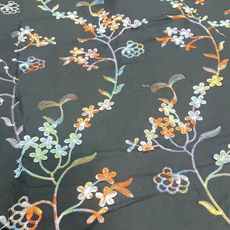 Floral Embroidery Fabric: Multicolor 3D Flowers, 100% Cotton (58"W)