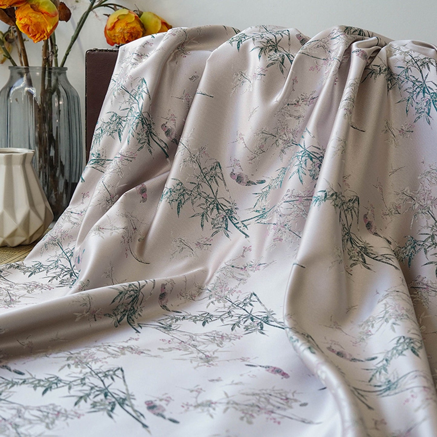 Floral Bamboo Brocade Satin Fabric - Light Purple, 59" Wide