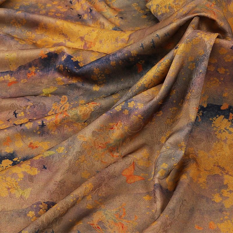 Tissu satiné de soie à motif papillon thé, imprimé ancien, 150 cm de large