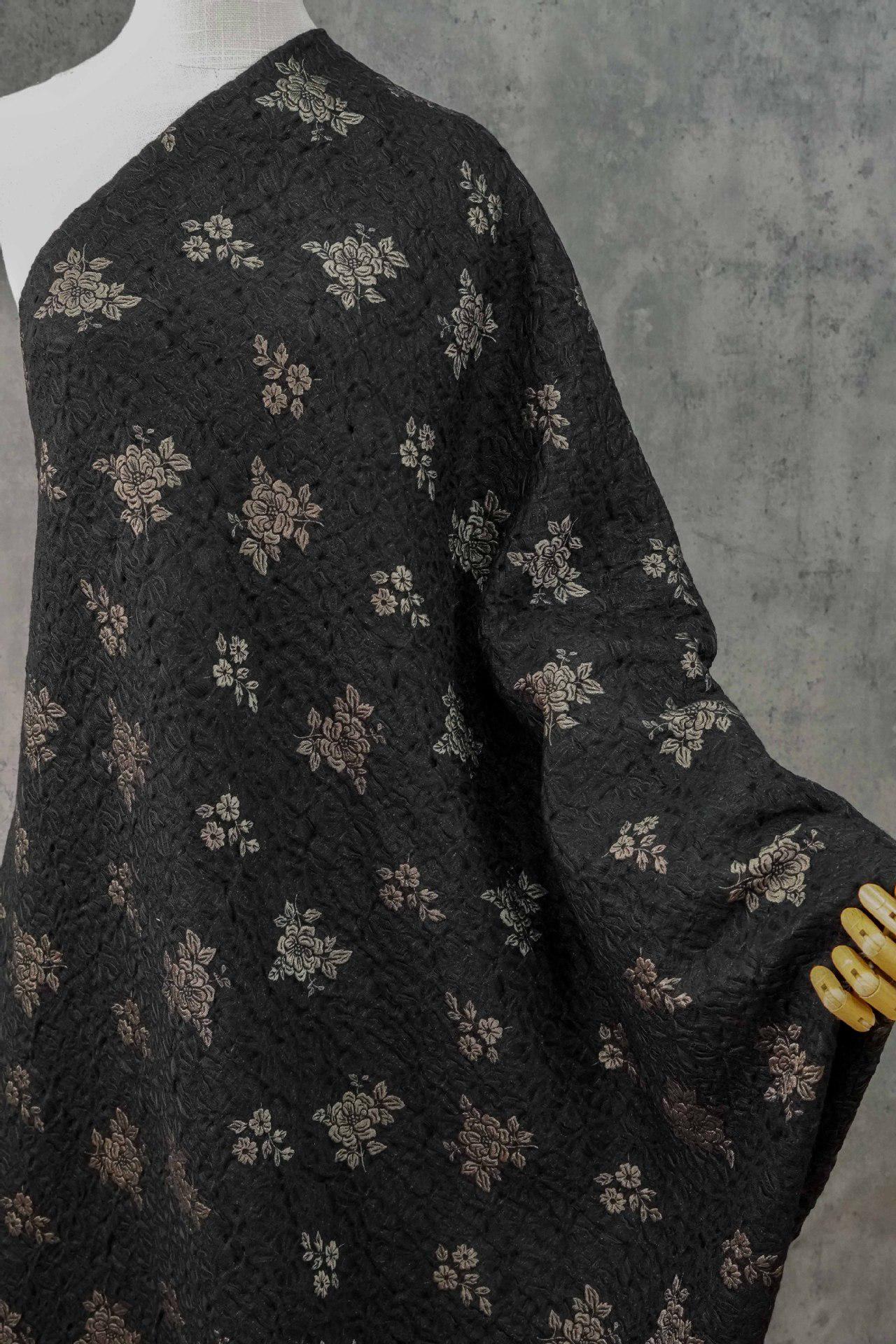 Embossed Jacquard Fabric: Black with Brown Floral Design, 59" Wide