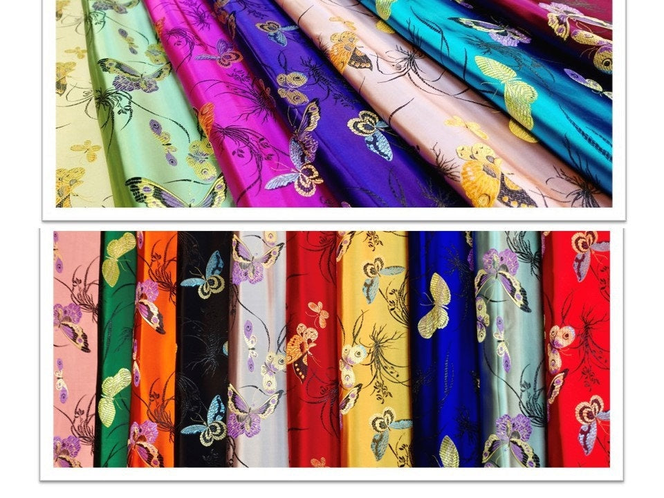 Tissu damassé en brocart de soie à papillons : largeur 45 pouces, pour la couture et l’ameublement