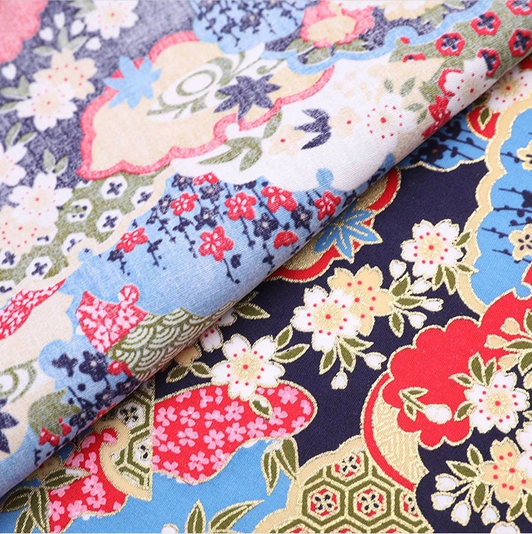 Tissu imprimé de fleurs japonaises : mélange coton-élasthanne, tissu pour la confection de kimonos