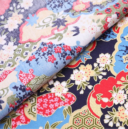 Tissu imprimé de fleurs japonaises : mélange coton-élasthanne, tissu pour la confection de kimonos