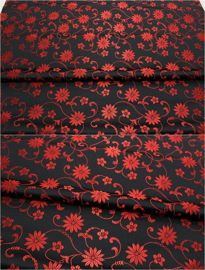 Tissu satiné brocart à motifs floraux : rouge et noir, 75 cm de large