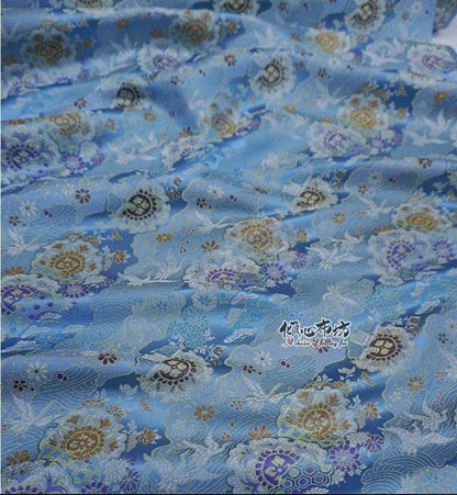 Nishijin Crane Kinran Fabric: Black Jacquard Silk Brocade Damask