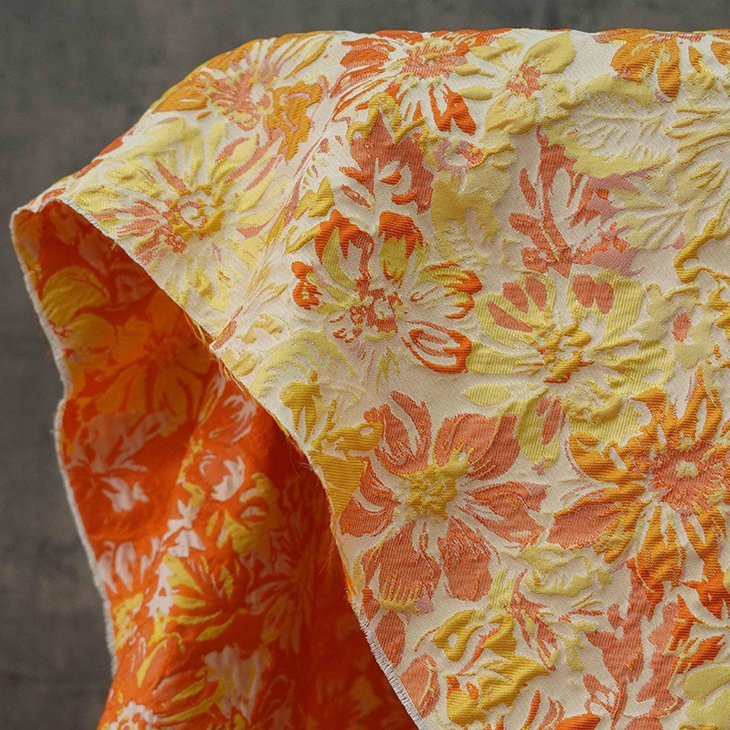 Yellow Jacquard Woven Fabric: 3D Embossed Flower Pattern, 57" Wide