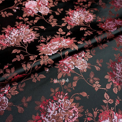 Floral Jacquard Brocade Fabric: Black Chinese Style (45"W)