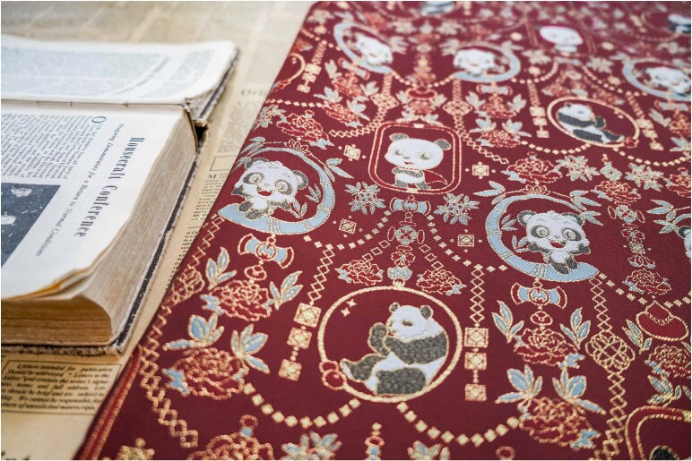 Panda Jacquard Fabric With Gold Thread: 59" Wide, Cheongsam Costume Decor
