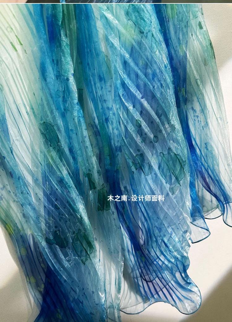 Smudged Sea Wave Organza Fabric: Accordion Pleated Laser Design, 55" Wide