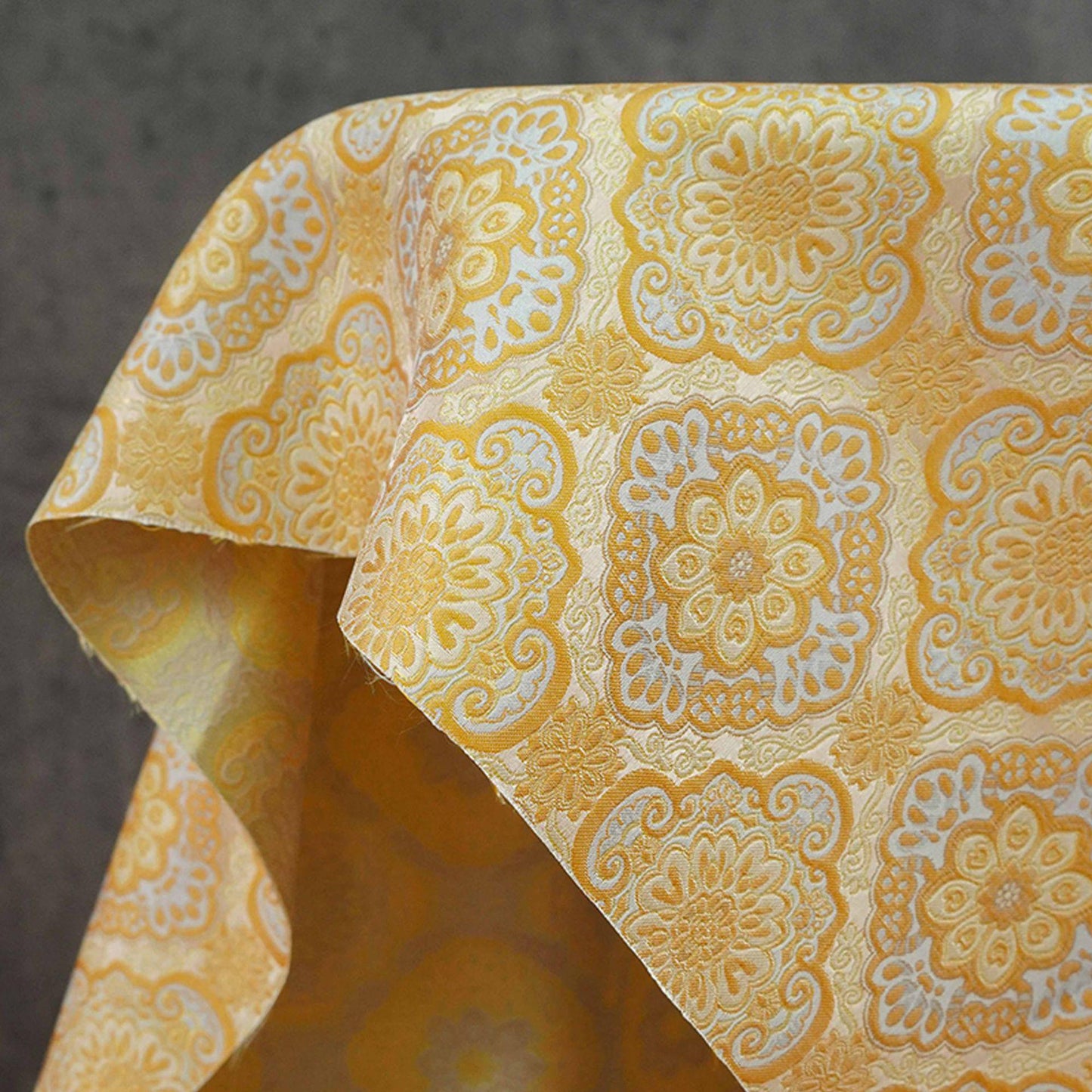 Yellow Silk Brocade Damask Fabric: Tibetan Emperor Design, 64" Wide
