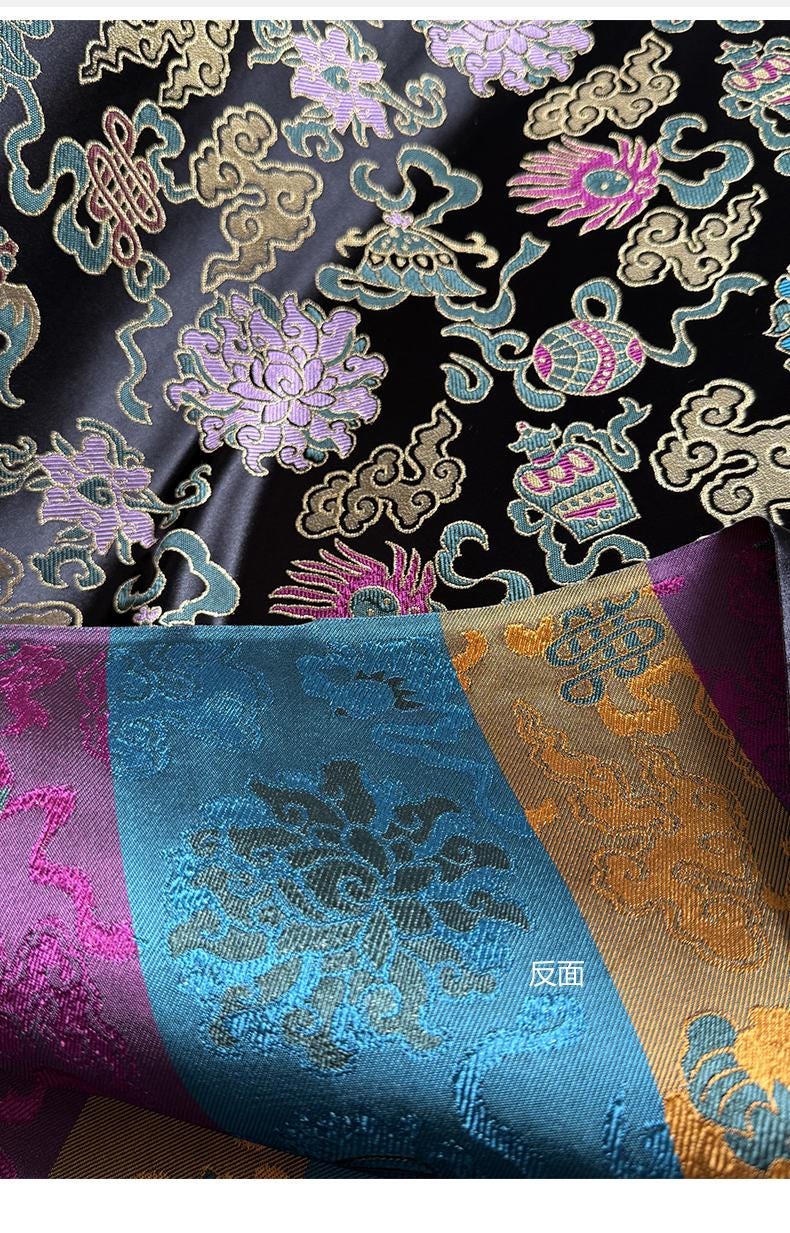Black Brocade Jacquard Fabric: Gold Peony Floral Cloud - Oriental Dressmaking, Upholstery