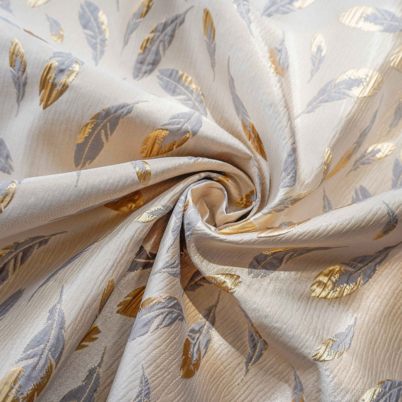 Gold Thread Jacquard Fabric: 3D Feather Design, 56" Wide